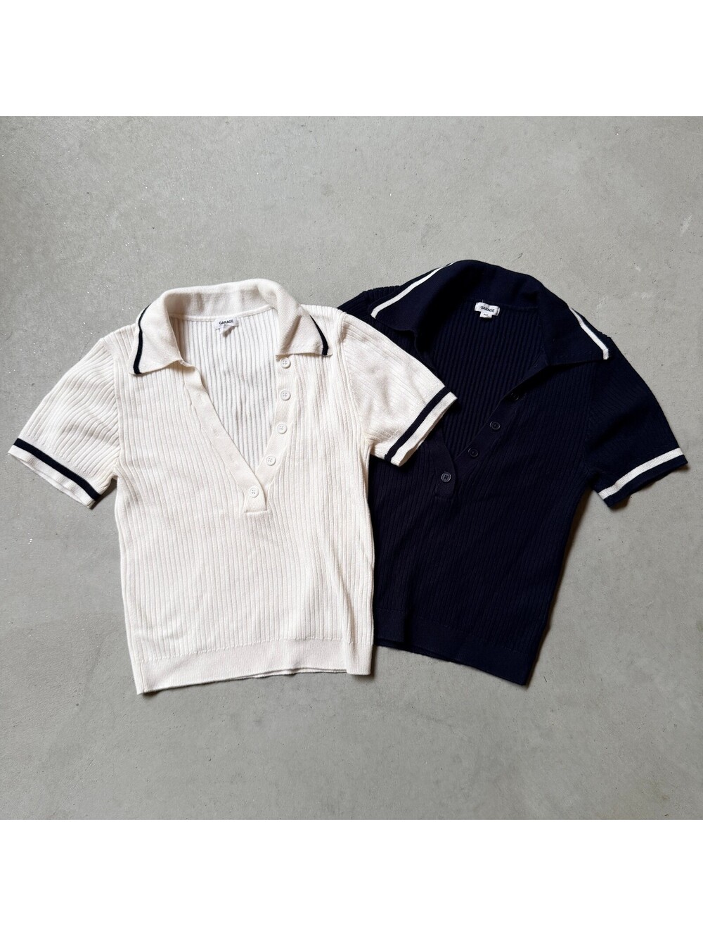 Garage P/S Ribbed Knit Polo Tops Navy Ivory Preppy Short Sleeve Lot of 2